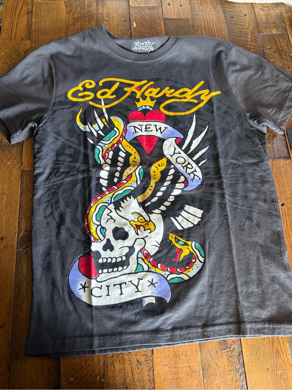 Ed Hardy New York City Grey T-Shirt Charcoal M Skull Snake
